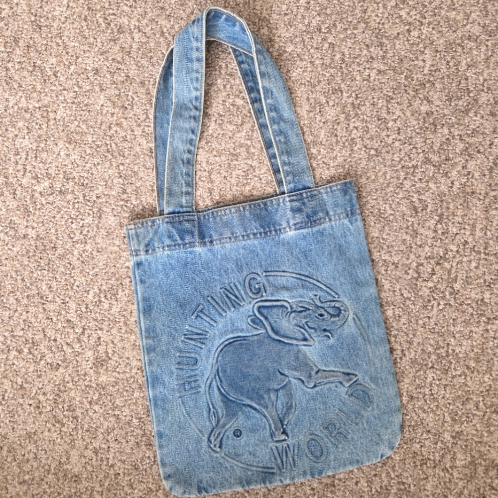 HUNTING WORLD Blue Denim Elephant Embossed Tote Bag Made In USA Vtg‎